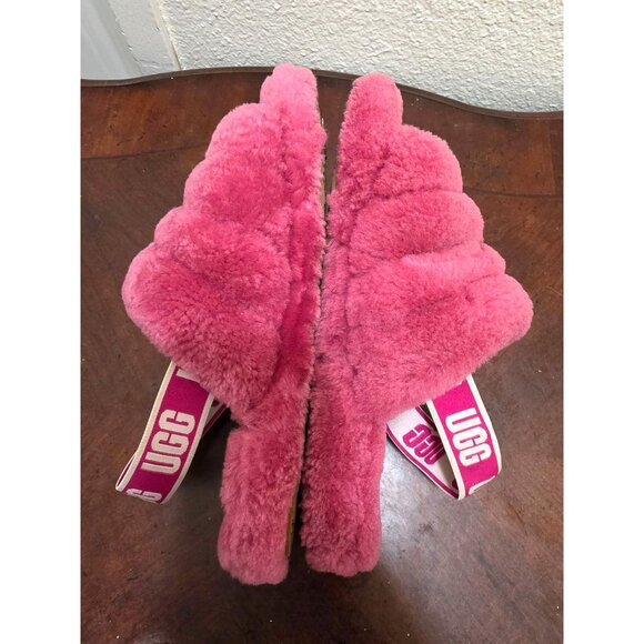UGG Women's Pink Fluffy Shearling Slide Slippers With Elastic Strap Size 6 - Picture 6 of 10